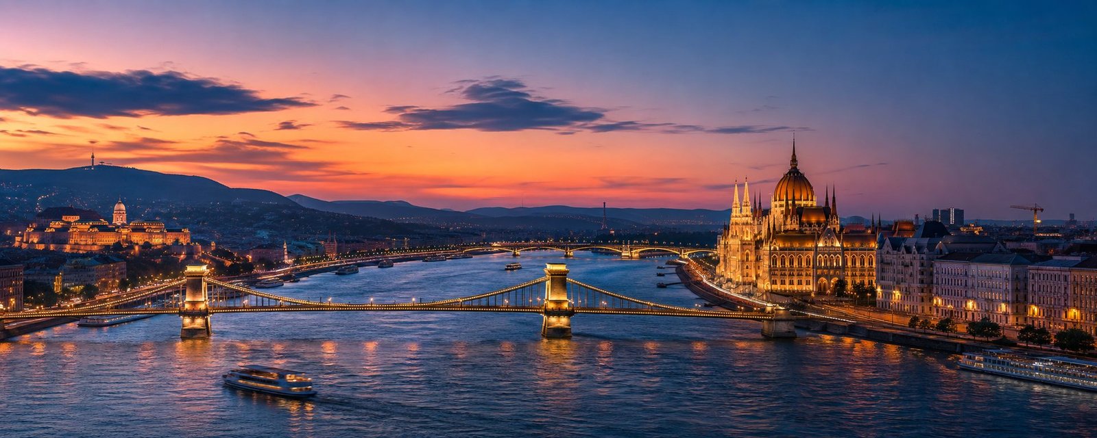 Budapest at dusk: the Chain Bridge, the Danube and the Parliament