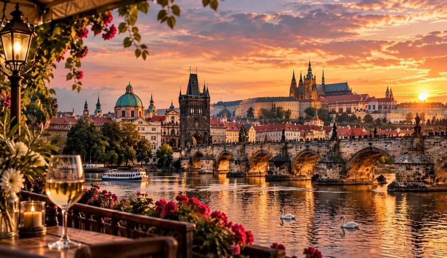 Prague at sunset: Charles Bridge and the Castle above the Vltava